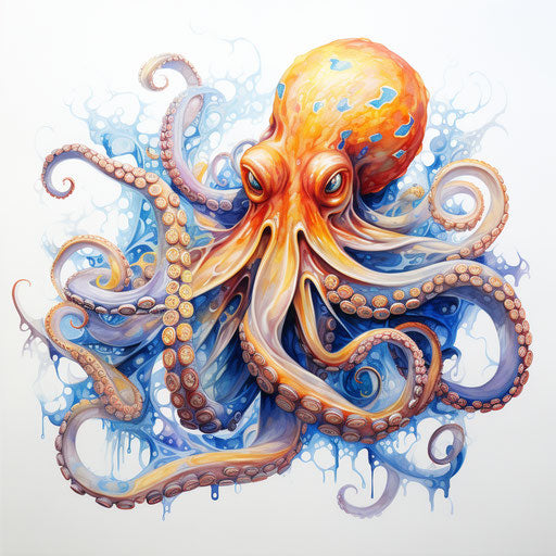 Watercolor painting of an octopus on white background with blue and yellow stripes