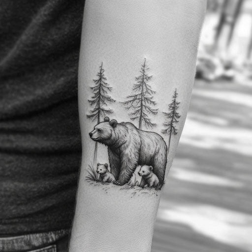family tattoos for men, a bear protecting its cubs in a forest