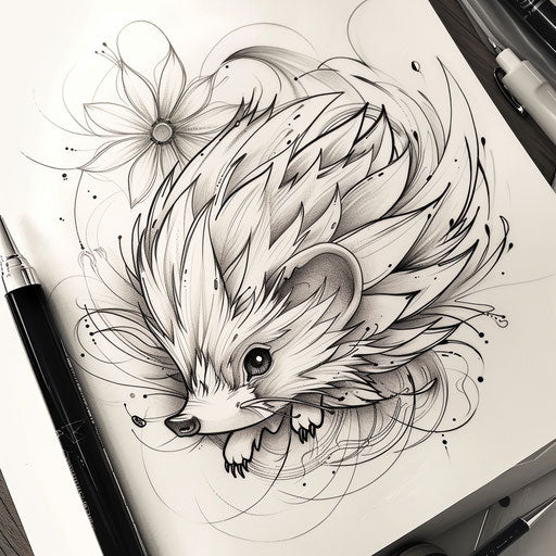 Elegant tattoo sketch of a hedgehog with delicate curves