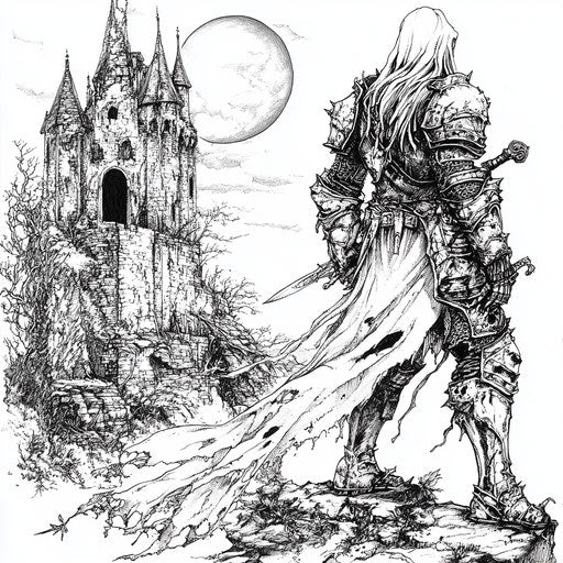 Gothic knight with haunted armor in the style of a Mark Schultz coloring book page