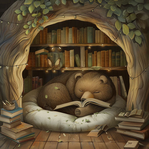 A bear curled up in a den, surrounded by books