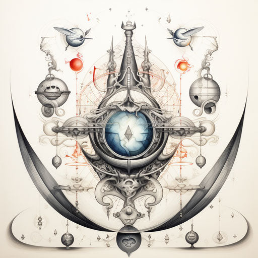 Empty space with liquid metal items, classic tattoo motifs