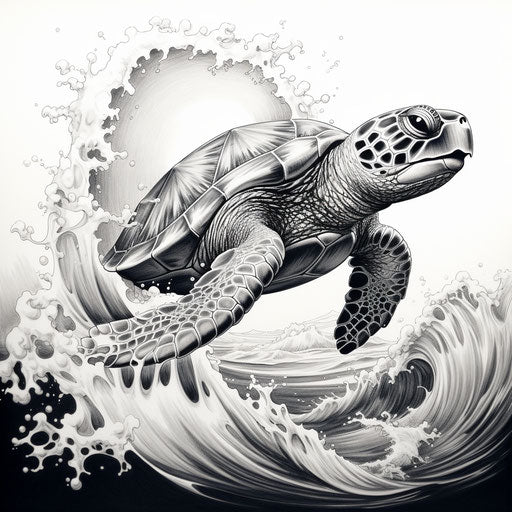 The sea turtle swims around on the bottom with a wave, in meticulous inking style, mono-ha, commission for, realistic