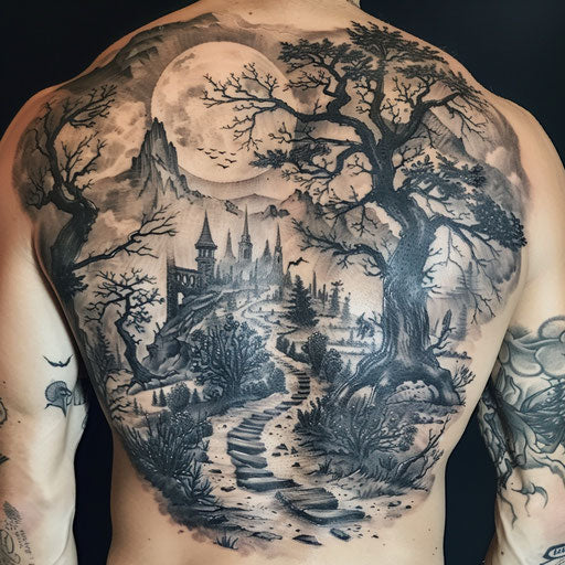Meaningful tattoos for men with surreal landscape