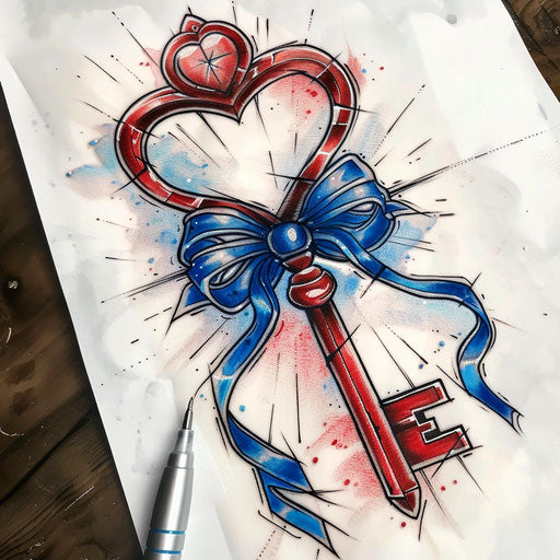 Bold and graphic tattoo sketch of key with heart-shaped bow in vivid reds and blues
