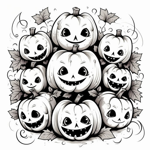 Cute pumpkin faces with black and white leaves