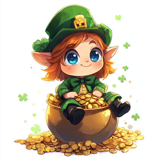 A little elf with big blue eyes sitting on a pot of gold