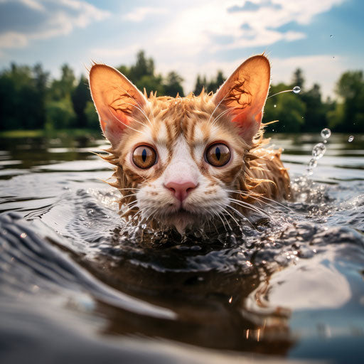 Devon Rex cat swimming in a lake by the shore