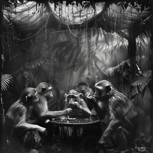 Family of monkeys grooming under a canopy