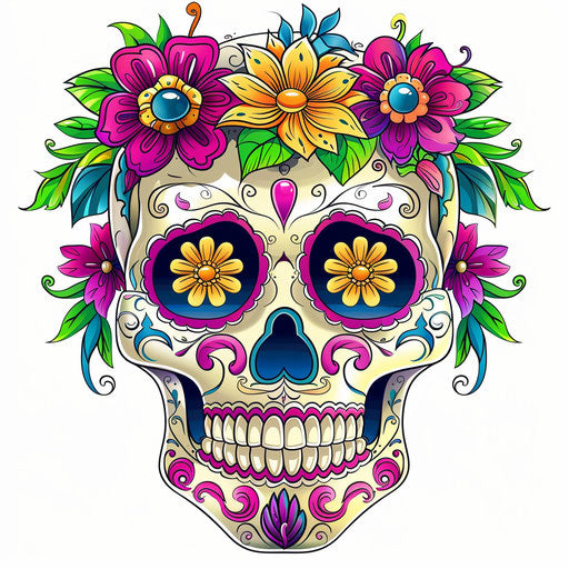 Traditional Mexican skull with vibrant flowers