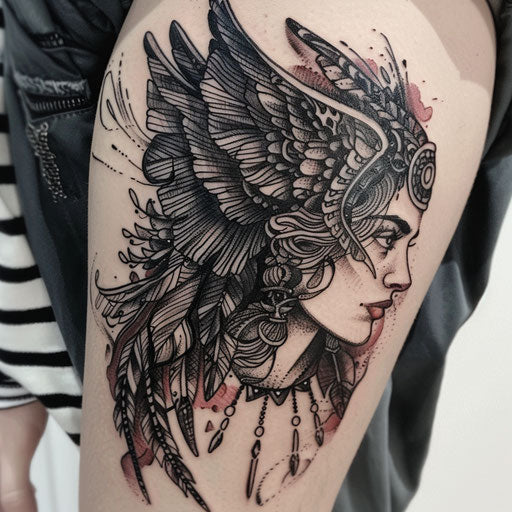 Classic flat tattoo sketch of Freya with detailed feathered cloak