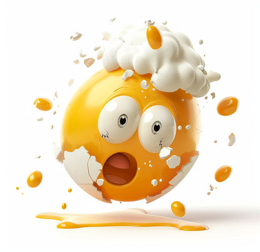 Surprised broken egg piece with big eyes surrounded floating pieces