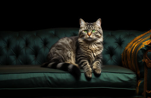 Cat sitting on a black couch, dark emerald and light brown style, striped 17:11