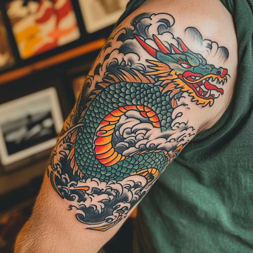 Dragon arm tattoo rising from the depths of the ocean