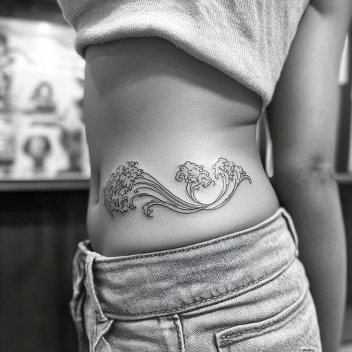 Side tattoos for women with minimalistic wave design along the ribs