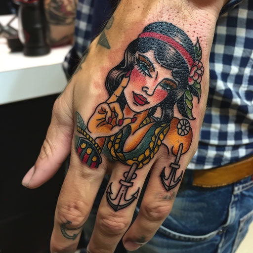 Finger tattoo with classic pin-up girls and anchors, Sailor Jerry style