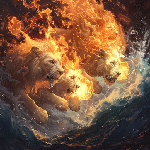 Elemental lions mastering fire and water