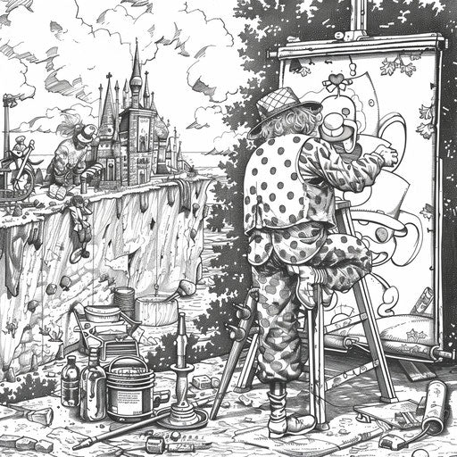 Whimsical scene of a clown painting a giant mural. Coloring book page