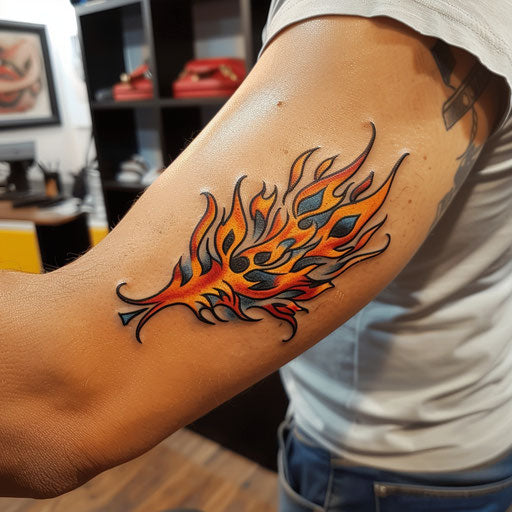 Bicep tattoo of tribal flames, in the style of Humberto Ramos