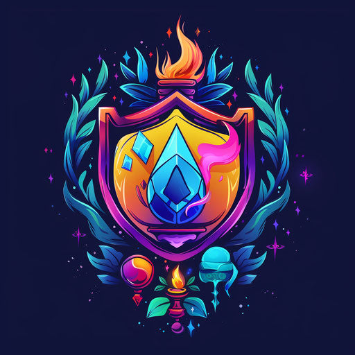 Fantasy cartoon logo with magical elements and vibrant colors