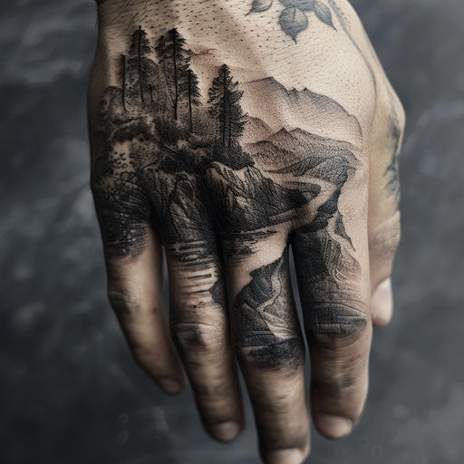 Finger tattoo dark surreal landscapes David Palumbo style