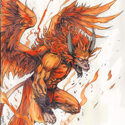Oni with phoenix wings, mythological elements, fiery color on white