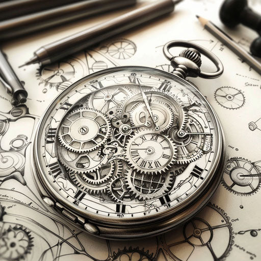 Vintage pocket watch surrounded by intricate gears and clockwork