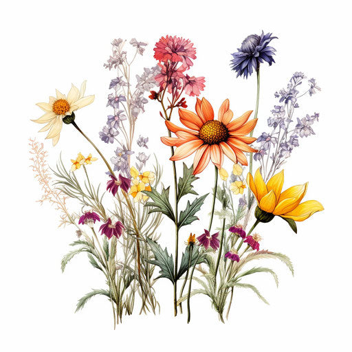 Wildflower clipart in the style of Chiaroscuro Art, on white background