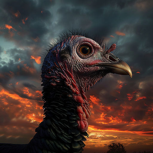 Wild turkey with a dramatic sky in the background