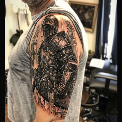 Bicep tattoo of a knight in armor, Adrian Smith style