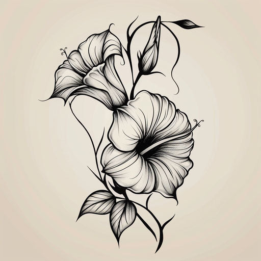 Elegant morning glory tattoo sketch in monochrome palette, fine details