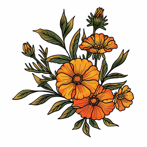 Modern flat tattoo sketch of October birth flower, marigold