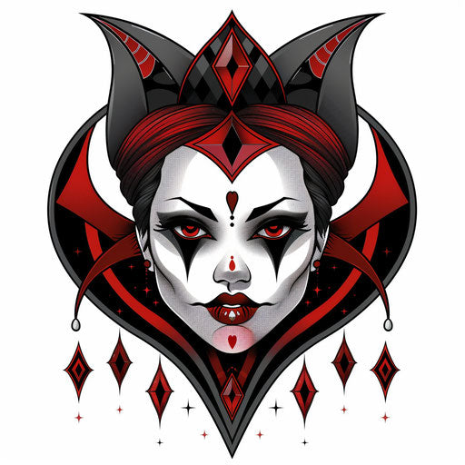 Flat Harlequin clipart style tattoo sketch for dark arts tattoo with diamond patterns in black and red