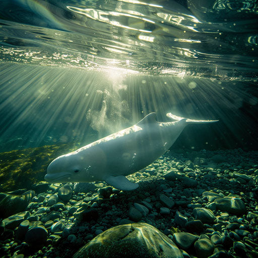 Underwater view of a beluga in a crystal-clear Arctic river