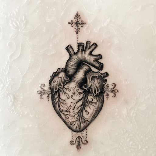 Anatomical heart tattoo with lace, delicate and intricate