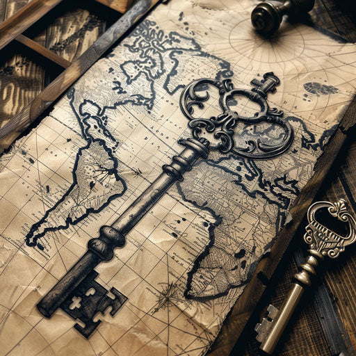 Adventurous sketch of a treasure key on a map with sepia tones