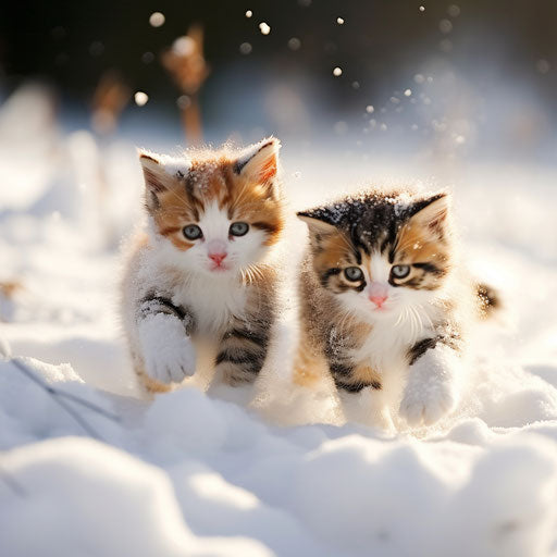 Calico cat kittens playing in the snow