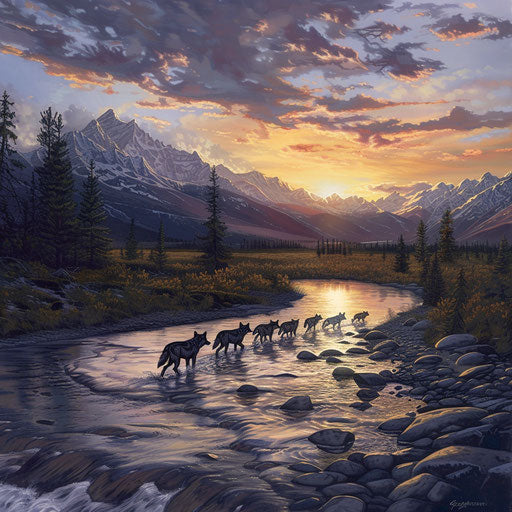 Wolf leading its pack across a shallow river with mountains at dawn