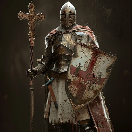 Medieval knight with shield, in the style of Adrian Smith