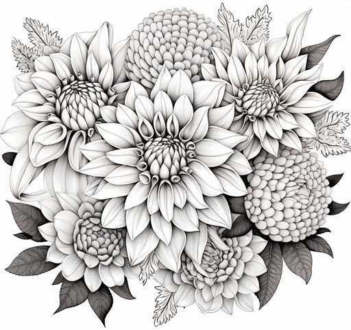 Black and white dahlia flowers, drawn with pen and ink, romantic style