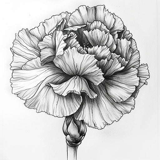 Detailed black and white sketch of a carnation tattoo on white background