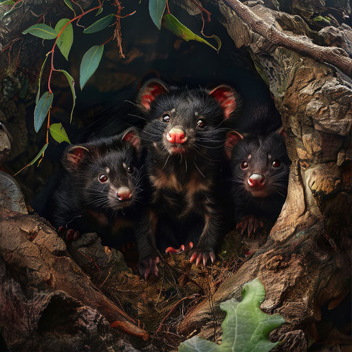 Tasmanian devil family huddled in cozy den