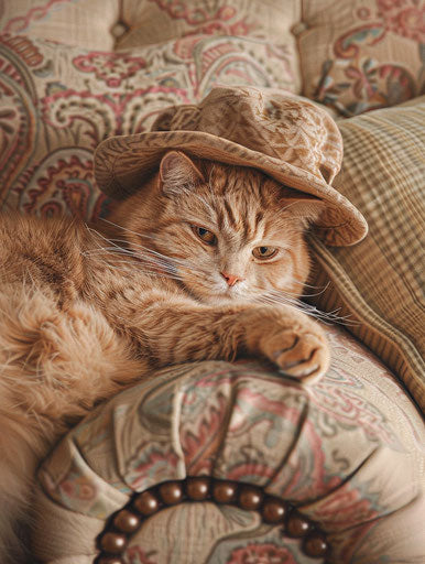 Red cat with hat on a couch