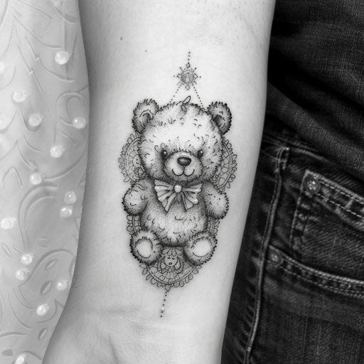 Teddy bear tattoo with lace pattern monochrome style