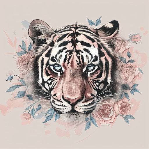 Romantic tattoo sketch in flat style, featuring tiger eyes with soft rose and blush colors