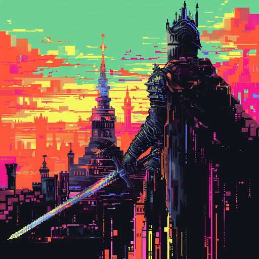 Nostalgic tattoo sketch of Anor Londo in flat 8-bit style