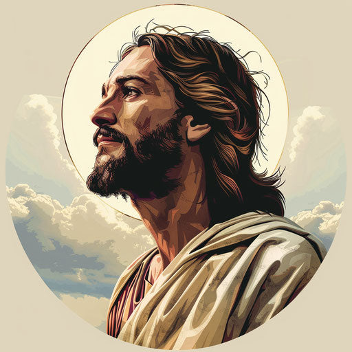 Jesus clipart in photo realistic style with a flat random background, minimalist design and subtle shading