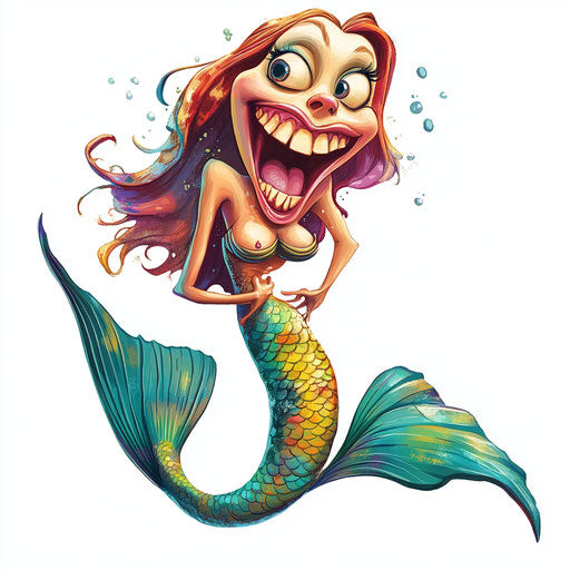 Humorous caricature of a mermaid with human characteristics
