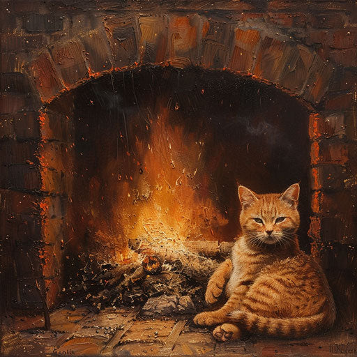 Brown cat in front of a fire in a fireplace