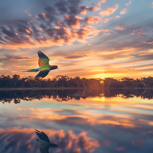Swift parrot flying over a tranquil lake at sunrise